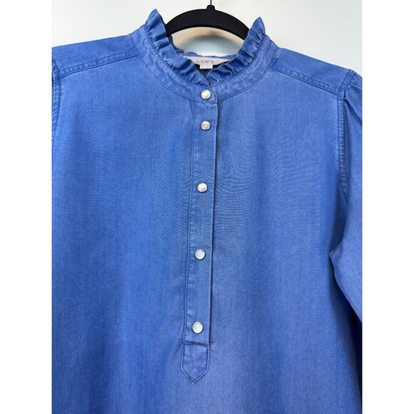 LOFT Pearl Snap Lyocell Chambray Popover Shirt Ruffle Neck, Sz S - Picture 3 of 9